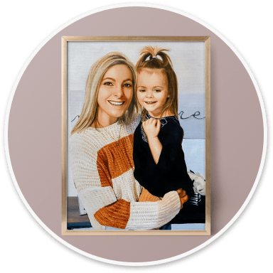 The finished portrait presented in a wooden frame